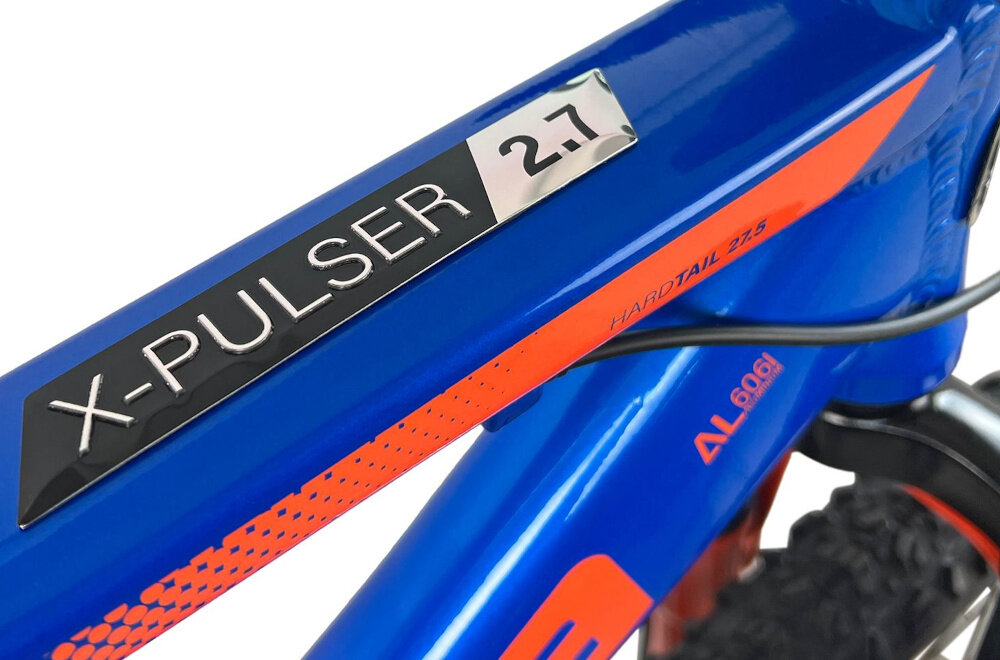 Rower górski MTB INDIANA X-Pulser 2.7 M19 27.5 cala męski Niebiesko-pomarańczowy zbliżenie na ramę 19-calowa aluminiowa ramę rower zwinny lekki łatwo go podnieść odporność na korozję wybor rozmiaru ramy Twój wzrost mierzony w zrelaksowanej pozycji typ roweru dla osób o wzroście od 174 do 180 cm