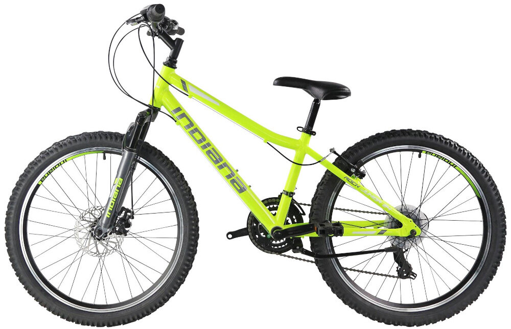 Rower młodzieżowy INDIANA Rock Jr 24 cale dla chłopca Limonkowo-szary rower na białym tle widoczny z boku komfort jazdy odpowiednia kontrola nad rowerem 13-calowa aluminiowa rama rower bardzo zwinny lekki łatwo go podnieść dostosowana do najmłodszych geometria wybór rozmiaru ramy Twój wzrost mierzony w zrelaksowanej pozycji typ roweru