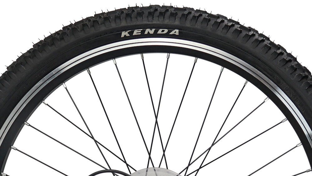 Rower młodzieżowy INDIANA Rock Jr 24 cale dla chłopca Limonkowo-szary zbliżenie na koło 24-calowe koła szeroki opony marki KENDA dobra przyczepność dwuściankowe obręcze zachowanie regularnego kształtu kół bezpieczna i komfortowa jazda stabilne trzymanie opony  regularne sprawdzanie ciśnienia powietrza wartość na bocznej części opony