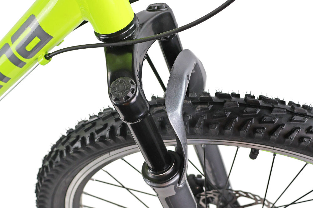 Rower młodzieżowy INDIANA Rock Jr 24 cale dla chłopca Limonkowo-szary zbliżenie na amortyzator rower typu hardtail przedni amortyzator marki G.W. typ GW-N781 24 ułatwia najeżdżanie na przeszkody i niweluje wstrząsy na kierownicy