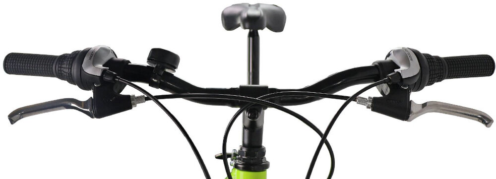 Rower młodzieżowy INDIANA Rock Jr 24 cale dla chłopca Limonkowo-szary kierownica widoczna od przodu na białym tle kierownica marki SOVEREIGN typu SE-707-T W.600 aluminiowy wspornik MODE typu HS-15 25.4 mm lekkość trwałość antypoślizgowy materiał pewny chwyt