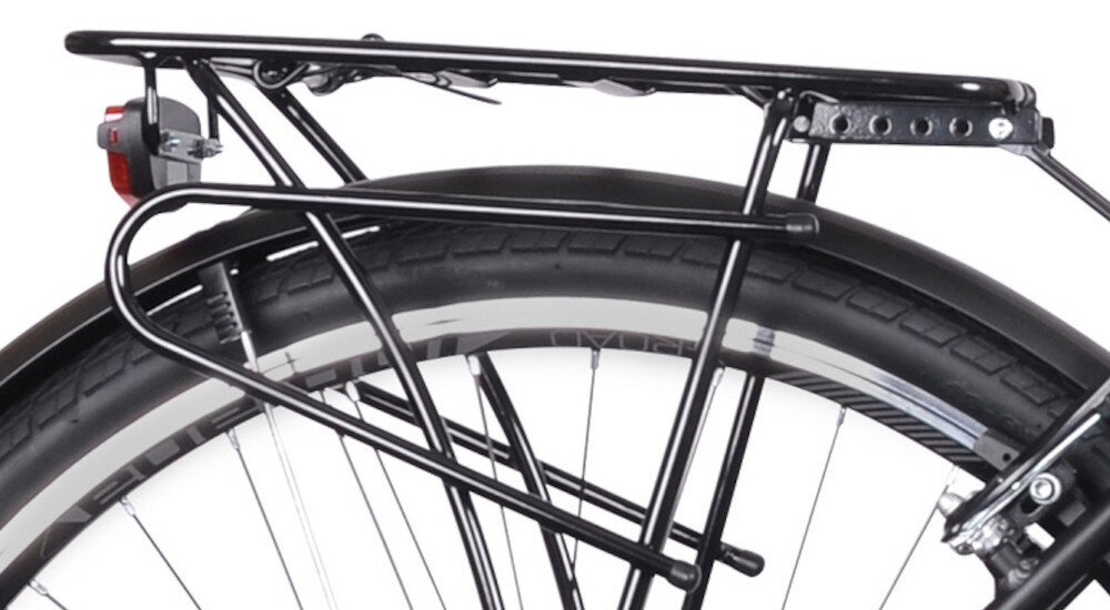 Rower trekkingowy INDIANA X-Road 1.0 M17 28 cali Czarny zbliżenie na bagażnik bagażnik bezpieczny i wygodny przewożenie rzeczy składana stopka w centralnym punkcie ciężkości