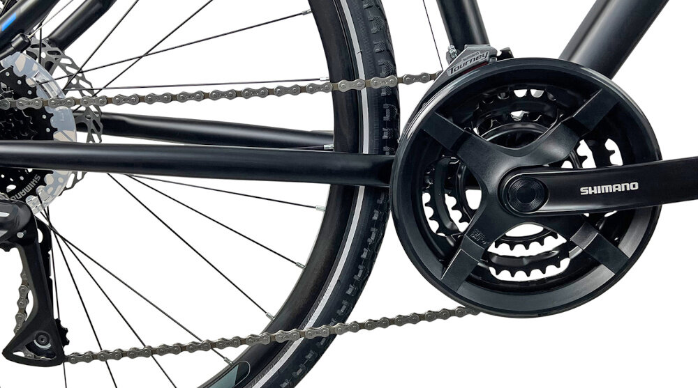 Rower crossowy INDIANA X-Cross 3.0 M21 męski Czarno-niebieski zbliżenie na korbę wolnobieg i łańcuch lekka wydajna konstrukcja korby korba SHIMANO typu FC-TY301 48/38/28-170 8 Speed kaseta SHIMANO typu CS-HG31 11x34 8V solidność wytrzyma bardzo duży nacisk na pedały