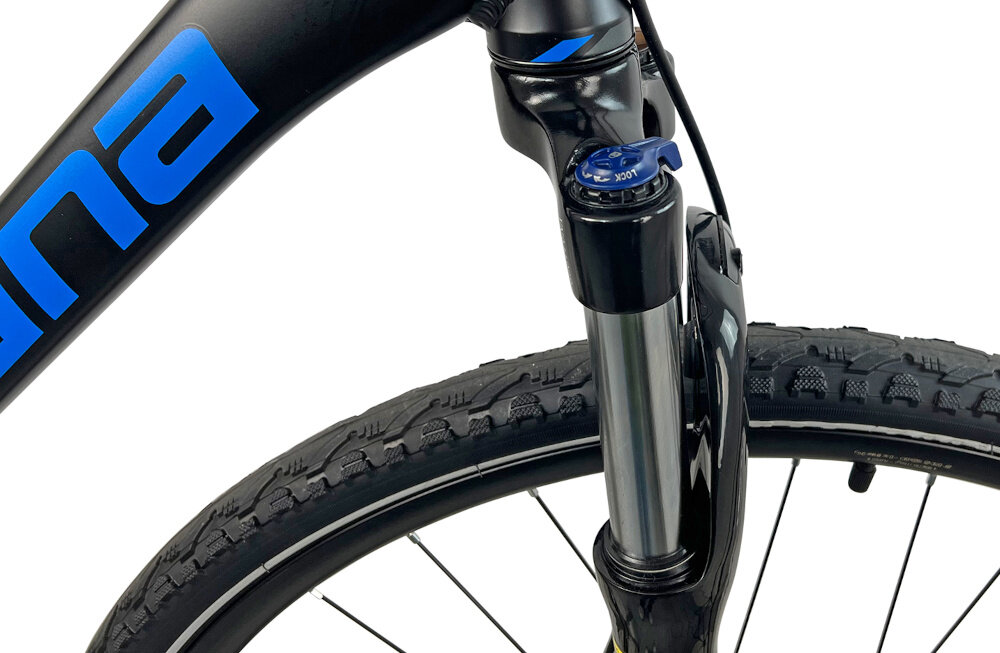 Rower crossowy INDIANA X-Cross 3.0 M21 męski Czarno-niebieski zbliżenie na amortyzator rower typu hardtail przedni amortyzator marki ZOOM typ CH-187 HL/O 700C ułatwia najeżdżanie na przeszkody niweluje wstrząsy niska masa roweru duża sztywność regulacja za pomocą sprężyny obsługa poprzez pokrętła na goleni