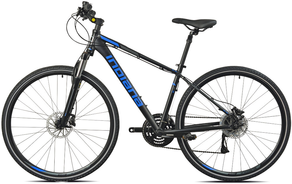 Rower crossowy INDIANA X-Cross 3.0 M21 męski Czarno-niebieski rower na białym tle widoczny z boku specjalne gwinty możliwość przymocowania uchwytu na bidon odblaski dobrze widoczny na drodze bezpieczna jazda dzwonek na kierownicy