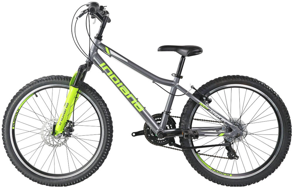 Rower młodzieżowy INDIANA Rock Jr 24 cale dla chłopca Szaro-limonkowy rower na białym tle widoczny z boku komfort jazdy odpowiednia kontrola nad rowerem 13-calowa aluminiowa rama rower bardzo zwinny lekki łatwo go podnieść dostosowana do najmłodszych geometria wybór rozmiaru ramy Twój wzrost mierzony w zrelaksowanej pozycji typ roweru