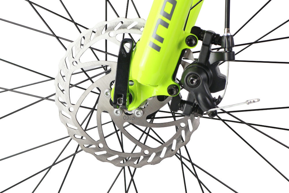 Rower młodzieżowy INDIANA Rock Jr 24 cale dla chłopca Szaro-limonkowy zbliżenie na przedni hamulec podstawa bezpieczeństwa przedni hamulec tarczowy mechaniczny w każdych warunkach pogodowych i na każdej trasie bardzo duża siła hamowania tylny hamulec typu V-Brake lekki duża siła hamowania