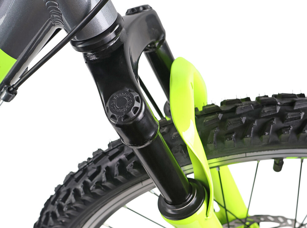 Rower młodzieżowy INDIANA Rock Jr 24 cale dla chłopca Szaro-limonkowy zbliżenie na amortyzator rower typu hardtail przedni amortyzator marki G.W. typ GW-N781 24 ułatwia najeżdżanie na przeszkody i niweluje wstrząsy na kierownicy