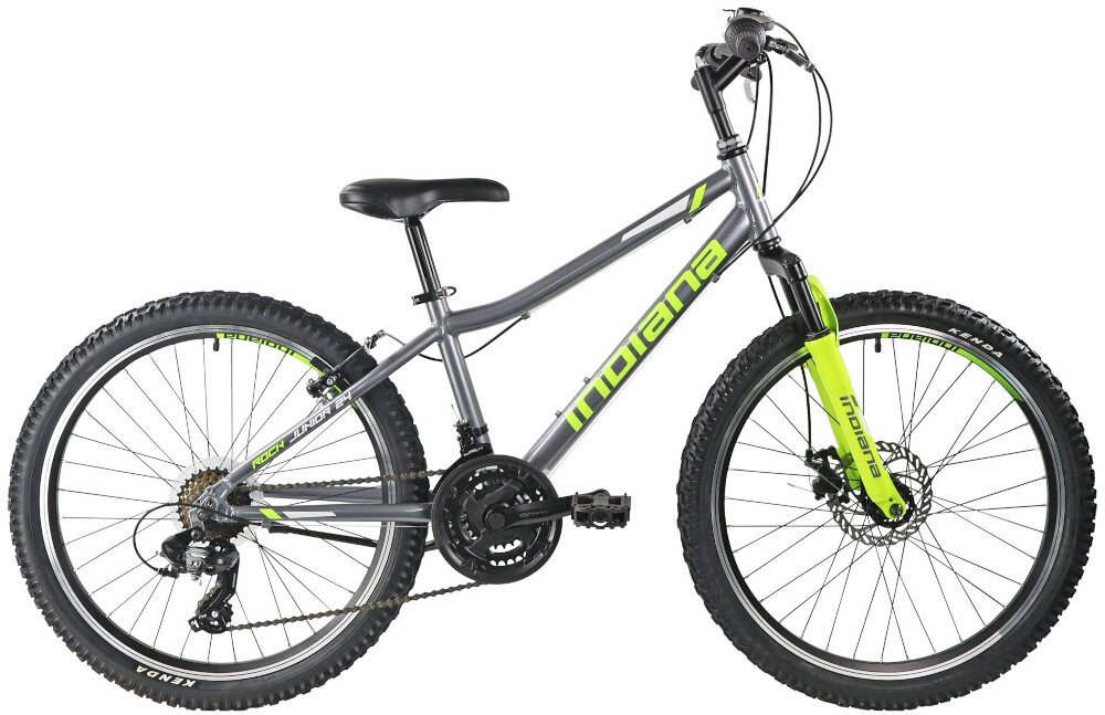 Rower młodzieżowy INDIANA Rock Jr 24 cale dla chłopca Szaro-limonkowy rower na białym tle widoczny z boku specjalne gwinty przymocowanie uchwytu na bidon dzwonek zamontowany na kierownicy odblaski dobra widoczność na drodze bezpieczeństwo