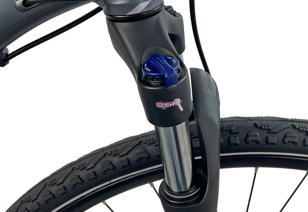 Rower crossowy INDIANA X-Cross 4.0 D17 damski Ciemnoszary zbliżenie na amortyzator rower typu hardtail przedni amortyzator marki SUNTOUR typ NEX HLO DS 700C ze skokiem 63 mm ułatwia najeżdżanie na przeszkody niweluje wstrząsy niska masa roweru duża sztywność regulacja za pomocą sprężyny obsługa poprzez pokrętła na goleni