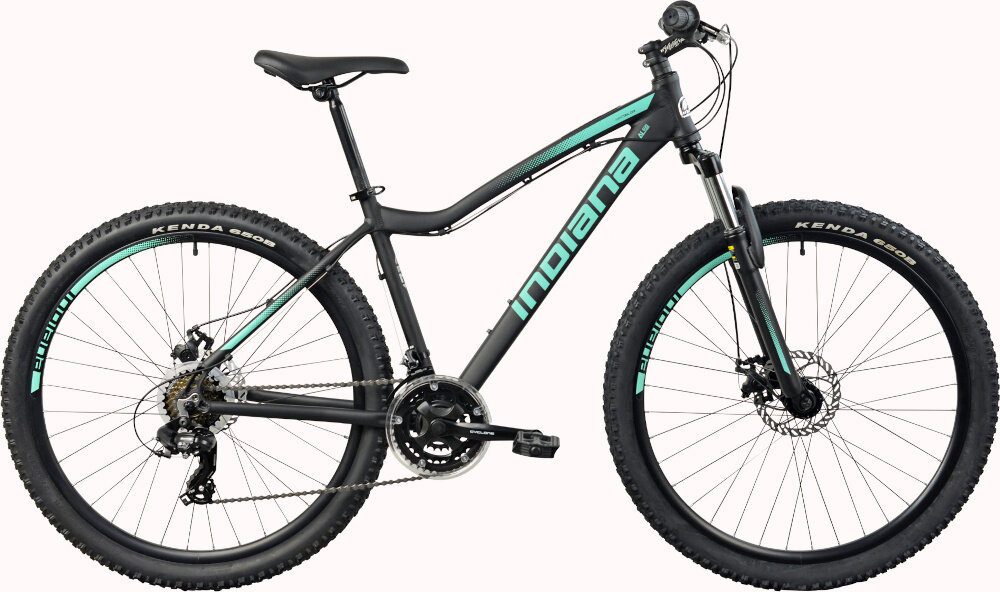 Rower górski MTB INDIANA X-Pulser 2.7 D17 27.5 cala damski Czarno-miętowy rower na białym tle widoczny z boku specjalne gwinty możliwość przymocowania uchwytu na bidon dzwonek na kierownicy