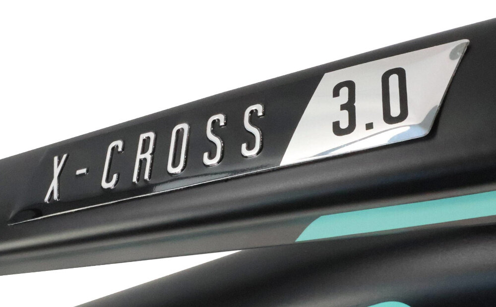 Rower crossowy INDIANA X-Cross 3.0 D19 damski Czarno-turkusowy zbliżenie na ramę 19-calowa aluminiowa ramę rower zwinny lekki łatwo go podnieść odporność na korozję wybor rozmiaru ramy Twój wzrost mierzony w zrelaksowanej pozycji typ roweru dla osób o wzroście od 174 do 180 cm