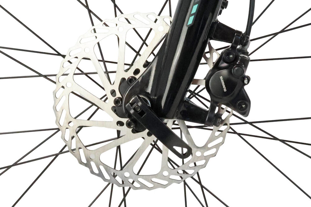 Rower crossowy INDIANA X-Cross 3.0 D19 damski Czarno-turkusowy zbliżenie na tylny hamulec podstawa bezpieczeństwa hamulce tarczowe hydrauliczne duża siła hamowania w każdych warunkach pogodowych i na każdej trasie płyn hamulcowy hamulce z przodu i z tyłu podwójny pakiet bezpieczeństwa