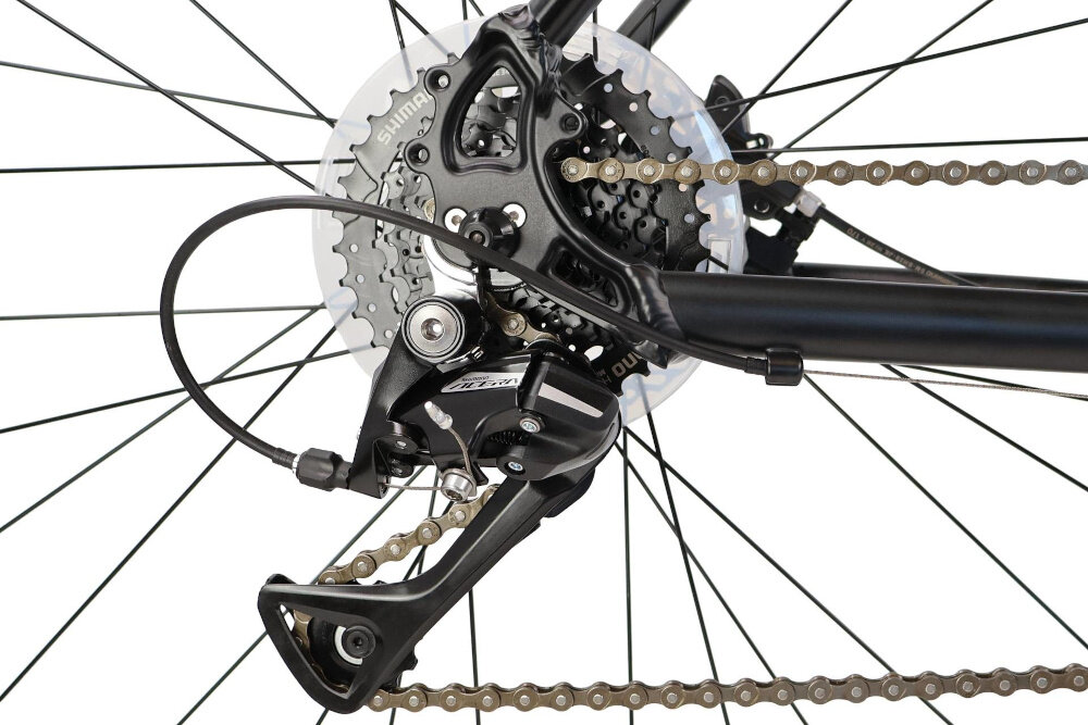 Rower crossowy INDIANA X-Cross 3.0 D19 damski Czarno-turkusowy zbliżenie na tylną przerzutkę przerzutki marki przerzutki marki SHIMANO 24 biegi duża wytrzymałość sprawne działanie zmiana biegów jest płynna i bezproblemowa przednia przerzutka SHIMANO Tourney tylna przerzutka SHIMANO Acera do rekreacyjnej jazdy