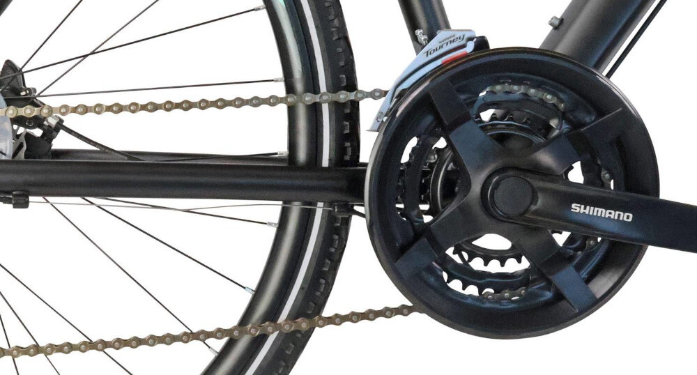 Rower crossowy INDIANA X-Cross 3.0 D19 damski Czarno-turkusowy zbliżenie na korbę wolnobieg i łańcuch lekka wydajna konstrukcja korby korba SHIMANO typu FC-TY301 48/38/28-170 8 Speed kaseta SHIMANO typu CS-HG31 11x34 8V solidność wytrzyma bardzo duży nacisk na pedały