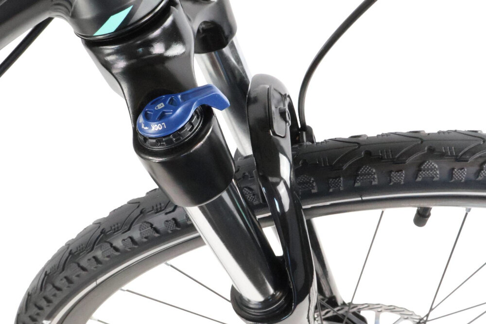 Rower crossowy INDIANA X-Cross 3.0 D19 damski Czarno-turkusowy zbliżenie na amortyzator rower typu hardtail przedni amortyzator marki ZOOM typ CH-187 HL/O 700C ułatwia najeżdżanie na przeszkody niweluje wstrząsy niska masa roweru duża sztywność regulacja za pomocą sprężyny obsługa poprzez manetki