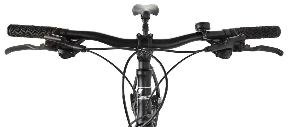 Rower crossowy INDIANA X-Cross 3.0 D19 damski Czarno-turkusowy zbliżenie na kierownicę kierownica widoczna od przodu aluminiowa kierownica marki MODE typu HB-023 W.680 aluminiowy wspornik PROMAX typu Multiset Ahed.Ma-570 lekkość trwałość manetki pokryte antypoślizgowym materiałem pewny chwyt