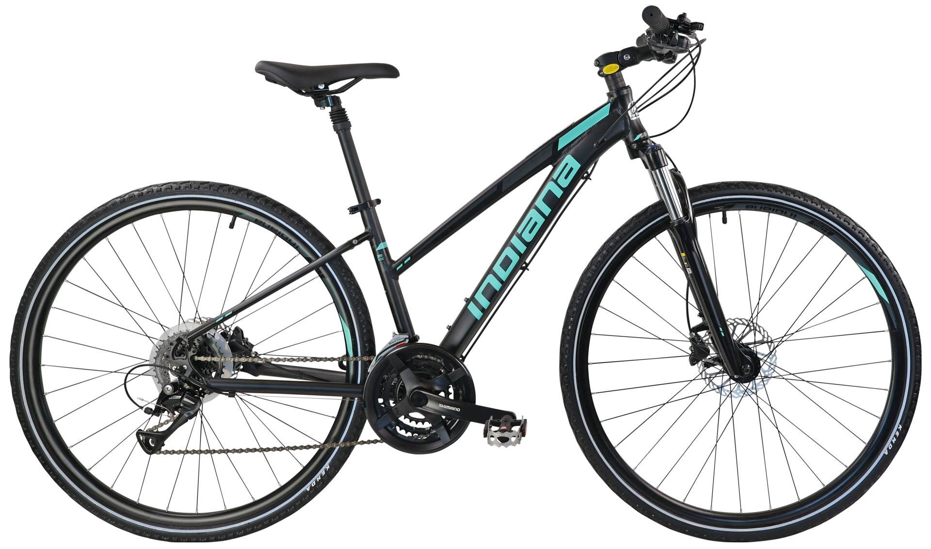 Rower crossowy INDIANA X-Cross 3.0 D19 damski Czarno-turkusowy rower na białym tle widoczny z boku specjalne gwinty możliwość przymocowania uchwytu na bidon dzwonek na kierownicy