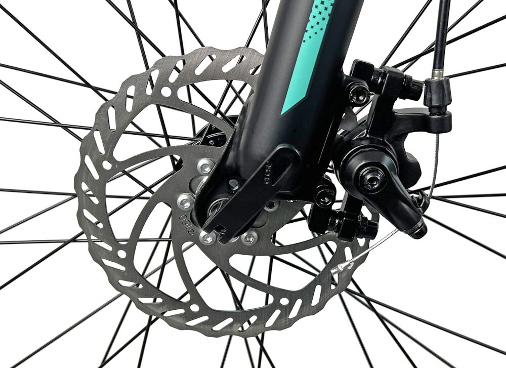 Rower górski MTB INDIANA X-Pulser 2.7 D19 27.5 cala damski Czarno-miętowy zbliżenie na tylny hamulec podstawa bezpieczeństwa hamulce tarczowe mechaniczne sprawdzą się w każdych warunkach pogodowych i na każdej trasie bardzo duża siła hamowania hamulce z przodu i z tyłu podwójny pakiet bezpieczeństwa