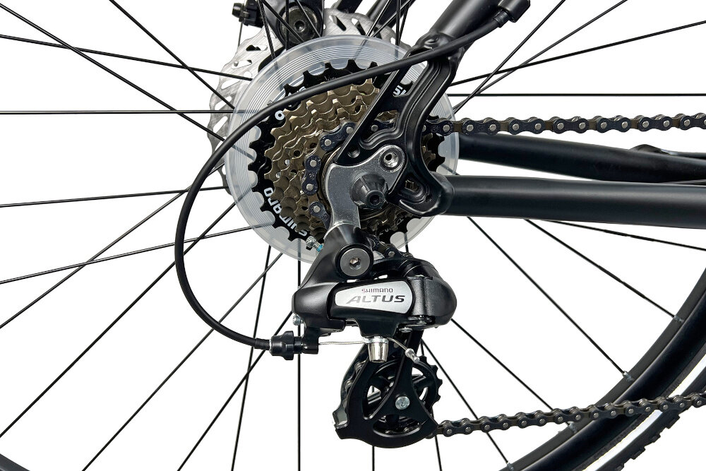 Rower crossowy INDIANA X-Cross 2.0 M21 męski Czarno-czerwony zbliżenie na tylną przerzutkę przerzutki marki przerzutki marki SHIMANO 21 biegów duża wytrzymałość sprawne działanie zmiana biegów jest płynna i bezproblemowa przednia przerzutka SHIMANO Tourney tylna siedmiorzędowa przerzutka SHIMANO Altus technologia Shadow przerzutka jest schowana i mniej narażona na uszkodzenia