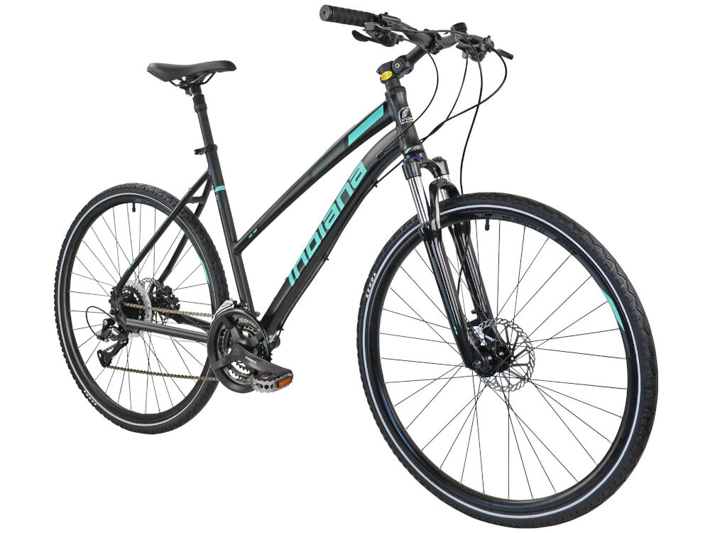 Rower crossowy INDIANA X-Cross 3.0 M21 damski Czarno-turkusowy rower na białym tle widoczny od przodu po skosie uniwersalny pojazd jednośladowy do jazdy na drogach asfaltowych i gruntowych polnych dróżkach wygodna wyprostowana pozycja ciała łatwa kontrola kierownica i siodełko są regulowane można ustawić do jazdy w pozycji pochylonej