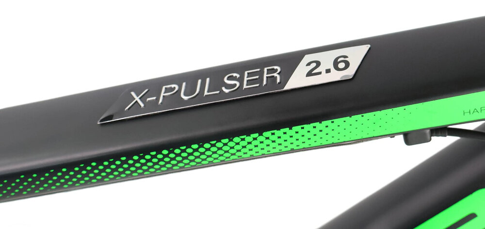 Rower górski MTB INDIANA X-Pulser 2.6 M17 26 cali męski Czarno-zielony zbliżenie na ramę 17-calowa aluminiowa ramę rower zwinny lekki łatwo go podnieść odporność na korozję wybor rozmiaru ramy Twój wzrost mierzony w zrelaksowanej pozycji typ roweru dla osób o wzroście od 165 do 174 cm
