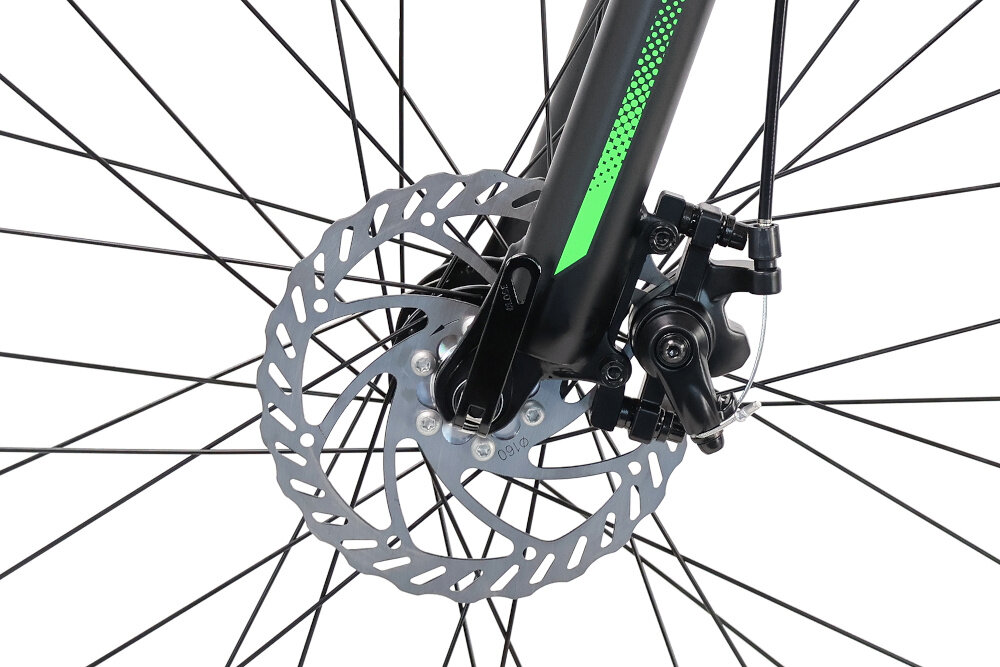 Rower górski MTB INDIANA X-Pulser 2.6 M19 26 cali męski Czarno-zielony zbliżenie na tylny hamulec podstawa bezpieczeństwa hamulce tarczowe mechaniczne sprawdzą się w każdych warunkach pogodowych i na każdej trasie bardzo duża siła hamowania hamulce z przodu i z tyłu podwójny pakiet bezpieczeństwa