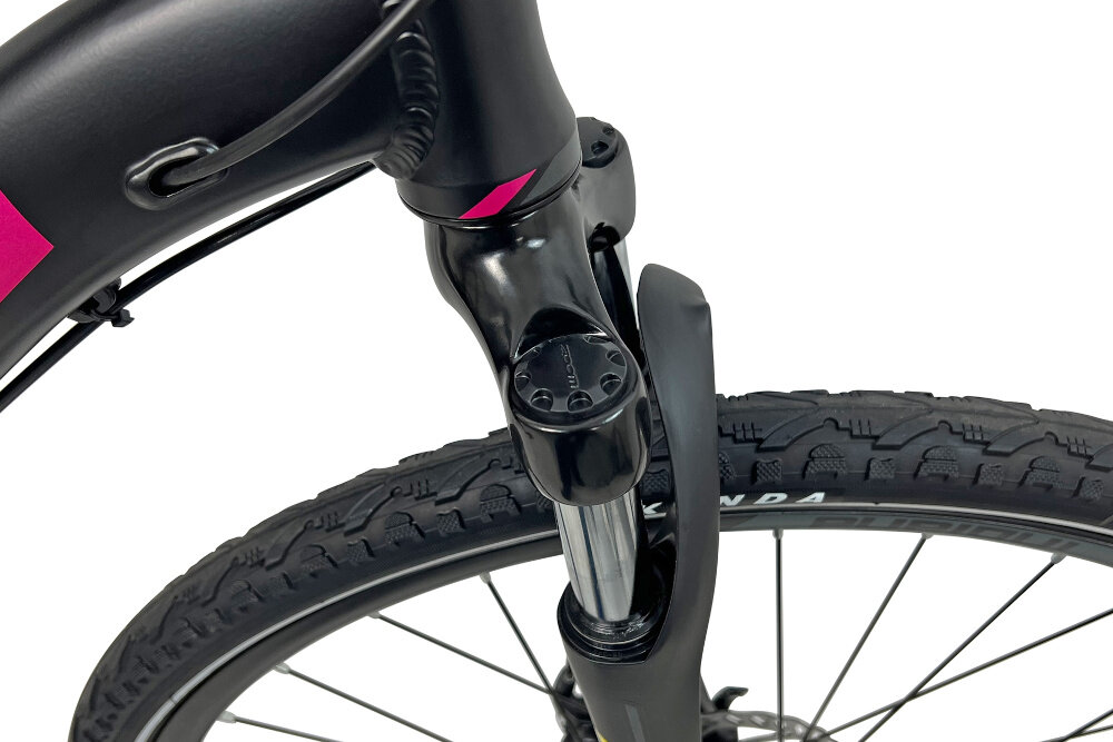Rower crossowy INDIANA X-Cross 2.0 D17 damski Czarno-różowy zbliżenie na amortyzator rower typu hardtail przedni amortyzator marki ZOOM typ CH-141 700C ułatwia najeżdżanie na przeszkody niweluje wstrząsy niska masa roweru duża sztywność regulacja za pomocą sprężyny obsługa poprzez manetki