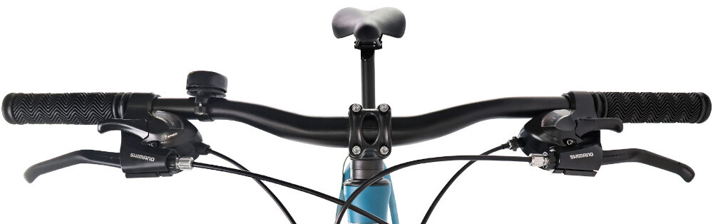 Rower górski MTB INDIANA X-Pulser 1.9 M19 29 cali męski Błękitny zbliżenie na kierownicę kierownica widoczna od przodu kierownica marki SOVEREIGN typu SE-707 FOV W.680 aluminiowy wspornik SOVEREIGN typu Ahead lekkość trwałość manetki pokryte antypoślizgowym materiałem pewny chwyt