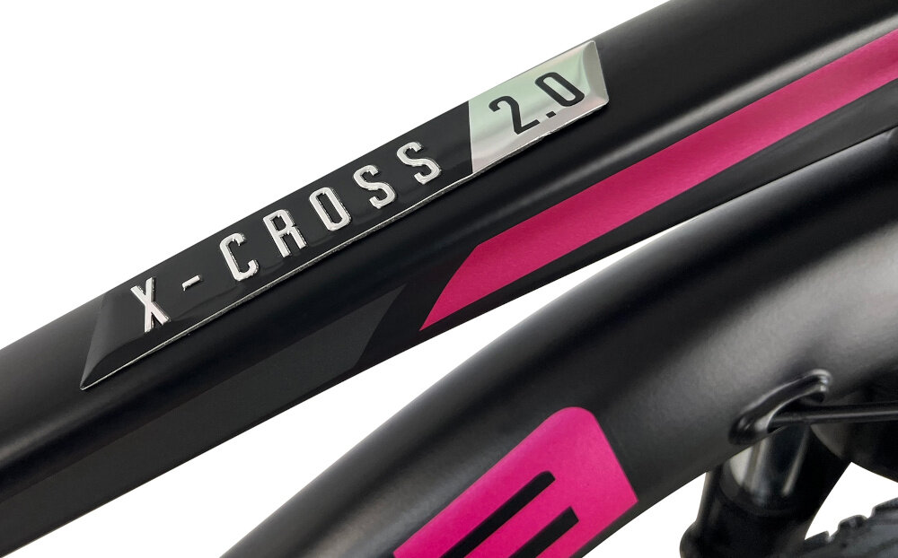 Rower crossowy INDIANA X-Cross 2.0 D21 damski Czarno-różowy zbliżenie na ramę 21-calowa aluminiowa ramę rower zwinny lekki łatwo go podnieść odporność na korozję wybor rozmiaru ramy Twój wzrost mierzony w zrelaksowanej pozycji typ roweru dla osób o wzroście od 180 do 190 cm