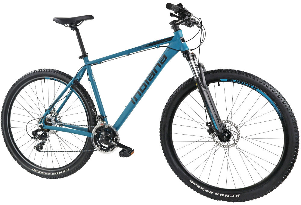 Rower górski MTB INDIANA X-Pulser 1.9 M23 29 cali męski Błękitny rower na białym tle widoczny od przodu po skosie góral pojazd dla sportowców do jazdy wyczynowej uniwersalny dla amatorów zwrotny łatwo wchodzi w zakręty do jazdy w mieście za miastem w lesie na górskim szlaku w błocie nie za głębokim piachu