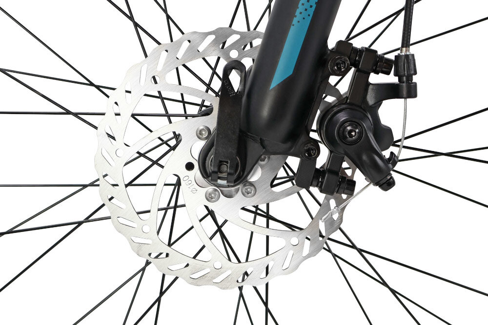 Rower górski MTB INDIANA X-Pulser 1.9 M23 29 cali męski Błękitny zbliżenie na tylny hamulec podstawa bezpieczeństwa hamulce tarczowe mechaniczne sprawdzą się w każdych warunkach pogodowych i na każdej trasie bardzo duża siła hamowania hamulce z przodu i z tyłu podwójny pakiet bezpieczeństwa