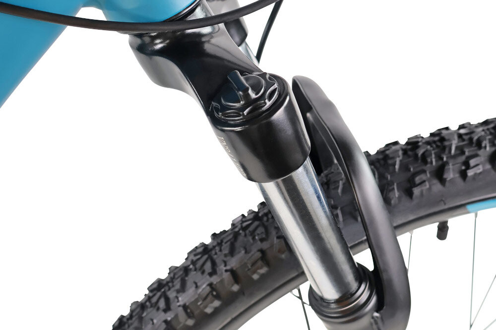 Rower górski MTB INDIANA X-Pulser 1.9 M23 29 cali męski Błękitny zbliżenie na amortyzator rower typu hardtail przedni amortyzator marki HL Corp typ CH-389 29 Ahead 1 1/8 ułatwia najeżdżanie na przeszkody niweluje wstrząsy niska masa roweru duża sztywność regulacja za pomocą sprężyny obsługa poprzez manetki