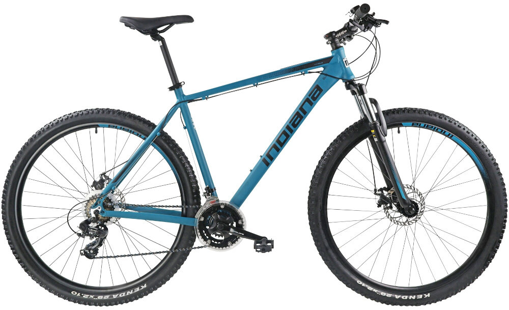 Rower górski MTB INDIANA X-Pulser 1.9 M23 29 cali męski Błękitny rower na białym tle widoczny z boku specjalne gwinty możliwość przymocowania uchwytu na bidon odblaski dobrze widoczny na drodze dzwonek na kierownicy