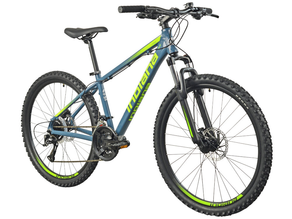 Rower górski MTB INDIANA X-Pulser 3.6 M15 26 cali męski Grafitowo-limonkowy rower na białym tle widoczny od przodu po skosie góral pojazd dla sportowców do jazdy wyczynowej uniwersalny dla amatorów zwrotny łatwo wchodzi w zakręty do jazdy w mieście za miastem w lesie na górskim szlaku w błocie nie za głębokim piachu