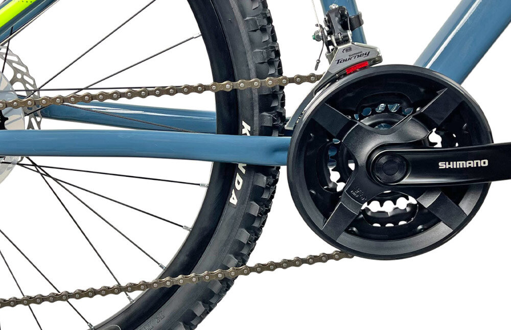 Rower górski MTB INDIANA X-Pulser 3.6 M15 26 cali męski Grafitowo-limonkowy zbliżenie na korbę kasetęi łańcuch lekka wydajna konstrukcja korby korba SHIMANO typu 42/34/24T TY301 kaseta SHIMANO typu CS-HG31 11x34 8V solidność wytrzyma bardzo duży nacisk na pedały