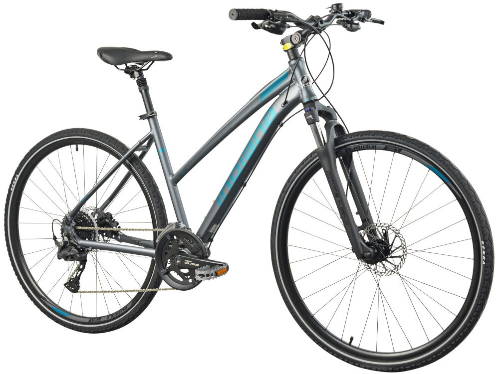 Rower crossowy INDIANA X-Cross 5.0 D21 28 cali damski Ciemnoszary rower na białym tle widoczny od przodu po skosie uniwersalny pojazd jednośladowy do jazdy na drogach asfaltowych i gruntowych polnych dróżkach siodełko umieszczone niżej niż kierownica wygodna wyprostowana pozycja ciała łatwa kontrola kierownica i siodełko są regulowane można ustawić do jazdy w pozycji pochylonej