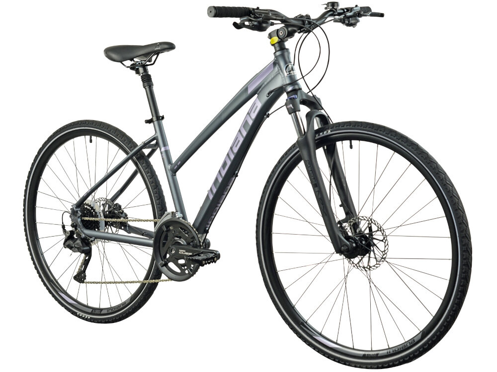 Rower crossowy INDIANA X-Cross 4.0 D19 damski Ciemnoszary rower na białym tle widoczny od przodu po skosie uniwersalny pojazd jednośladowy do jazdy na drogach asfaltowych i gruntowych polnych dróżkach siodełko umieszczone niżej niż kierownica wygodna wyprostowana pozycja ciała łatwa kontrola kierownica i siodełko są regulowane można ustawić do jazdy w pozycji pochylonej