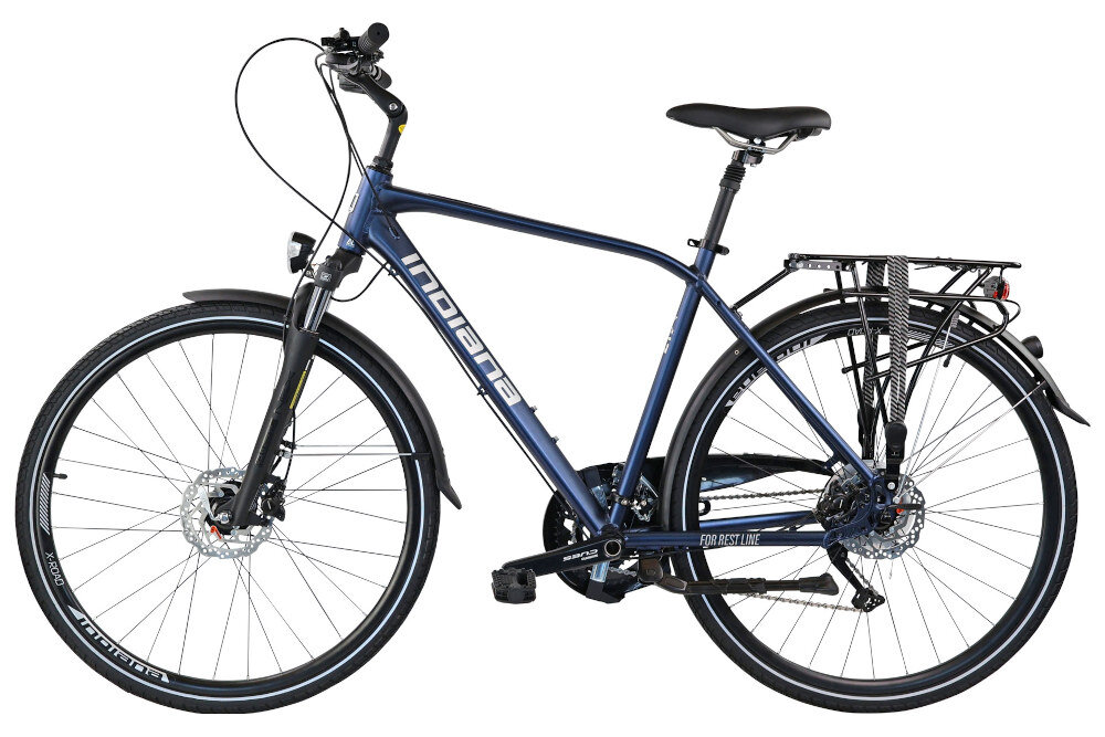 Rower trekkingowy INDIANA X-Road 5.0 M19 28 cali męski Ciemnoniebieski rower na białym tle widoczny z boku 19-calowa aluminiowa rama rower jest bardzo zwinny lekki łatwo go podnieść odporność na korozję wybór rozmiaru ramy Twój wzrost mierzony w zrelaksowanej pozycji typ roweru dla osób o wzroście od 174 do 180 cm