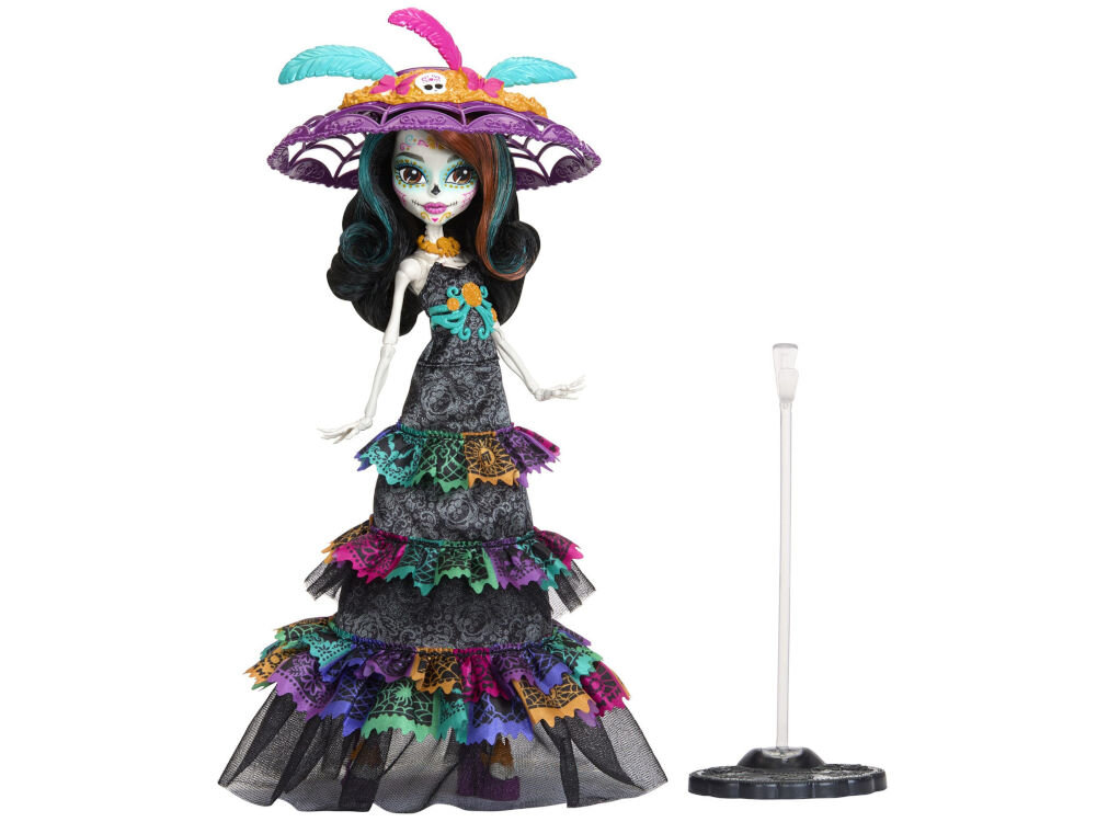 Lalka MONSTER HIGH Dia De Muertos Skelita Calaveras HXH99 treadycja Dia de Muertos Skelita Calaveras suknia udekorowana falbankami inspirowanymi papel picado podstawka w zestawie