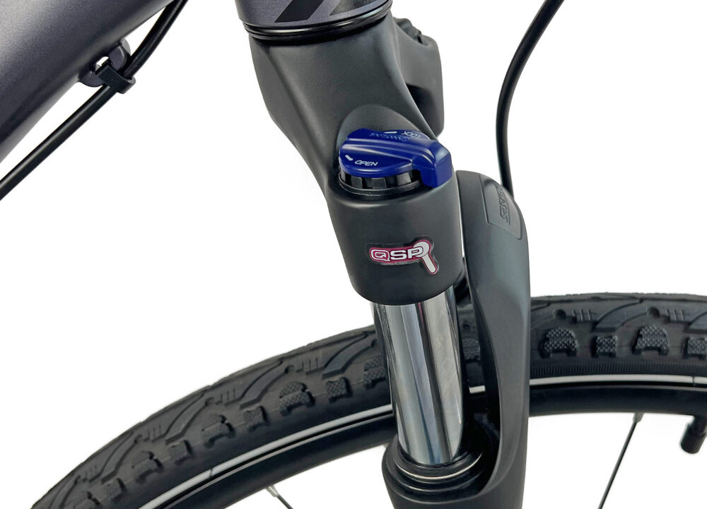 Rower crossowy INDIANA X-Cross 4.0 M17 męski Szary zbliżenie na amortyzator rower typu hardtail przedni amortyzator marki SUNTOUR typ NEX HLO DS 700C ze skokiem 63 mm ułatwia najeżdżanie na przeszkody niweluje wstrząsy niska masa roweru duża sztywność regulacja za pomocą sprężyny obsługa poprzez pokrętła na goleni