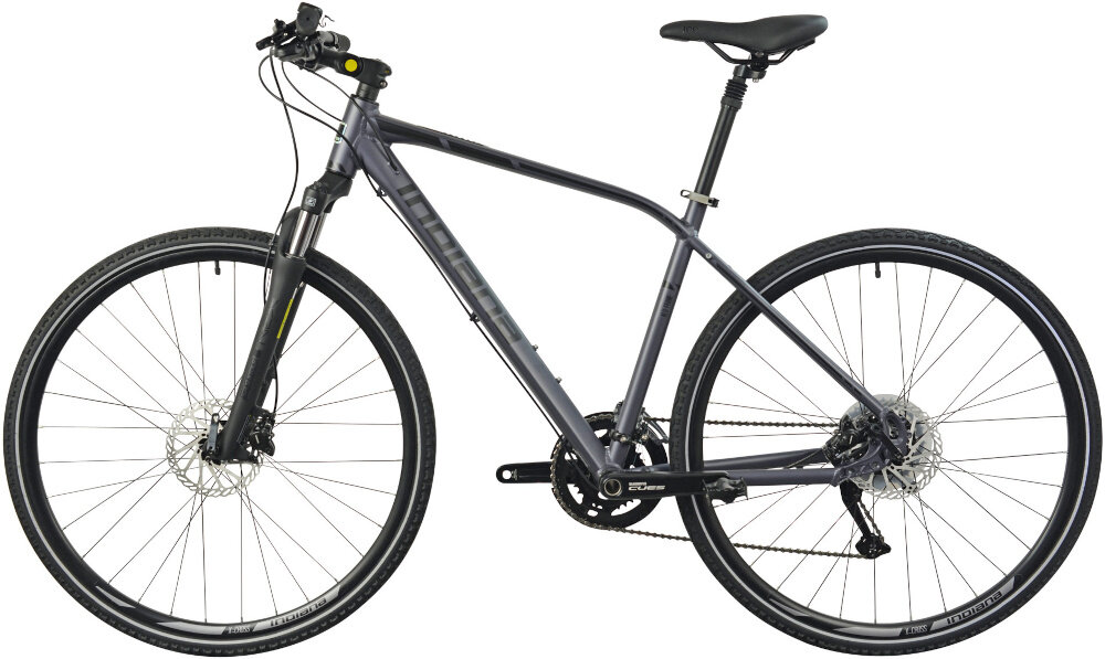 Rower crossowy INDIANA X-Cross 4.0 M17 męski Szary rower na białym tle widoczny z boku specjalne gwinty możliwość przymocowania uchwytu na bidon odblaski dobrze widoczny na drodze bezpieczna jazda dzwonek na kierownicy