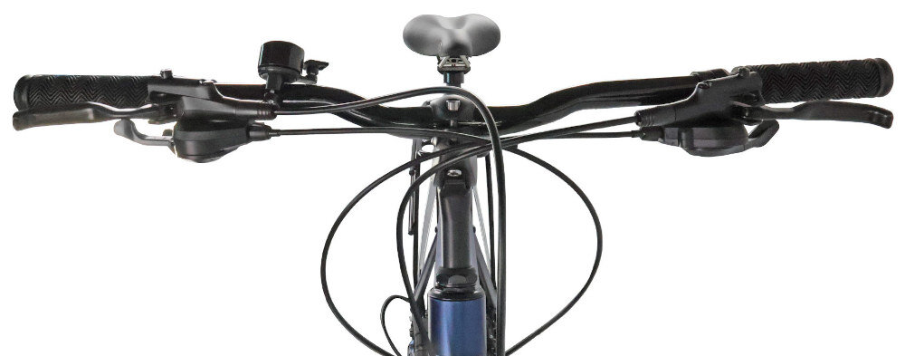 Rower trekkingowy INDIANA X-Road 5.0 M23 28 cali męski Ciemnoniebieski kierownica widoczna od przodu kierownica marki SOVEREIGN typu SE-707-T 680mm BLK lekka antypoślizgowy materiał dzwonek