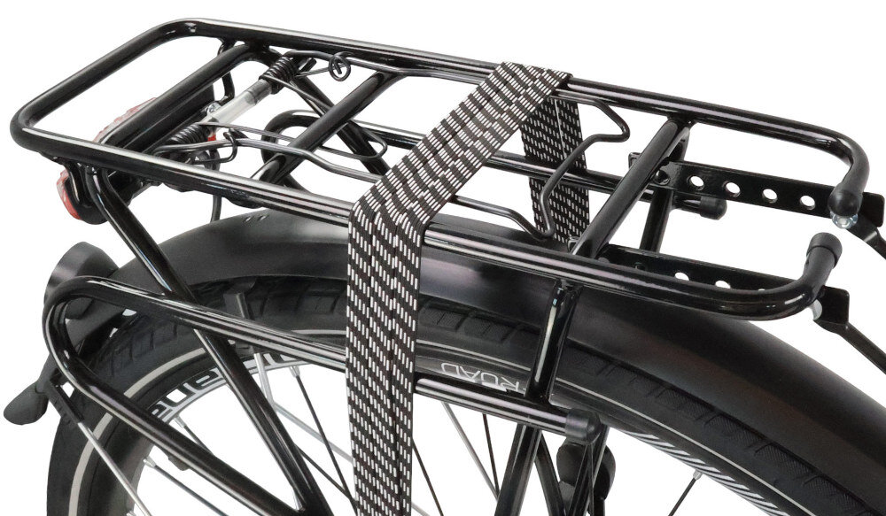 Rower trekkingowy INDIANA X-Road 5.0 M23 28 cali męski Ciemnoniebieski zbliżenie na bagażnik bagażnik bezpieczny i wygodny przewożenie rzeczy specjalne linki bagaż odpowiednio zabezpieczony bezpiecznie przewożony składana stopka w centralnym punkcie ciężkości