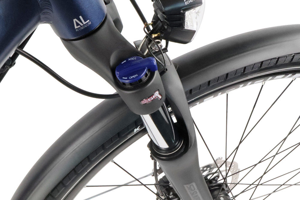 Rower trekkingowy INDIANA X-Road 5.0 M23 28 cali męski Ciemnoniebieski zbliżenie na amortyzator rower typu hardtail przedni amortyzator marki SUNTOUR typ NEX-HLO 700C Disc RL ułatwia najeżdżanie na przeszkody niweluje wstrząsy na kierownicy niska masa roweru duża sztywność regulacja za pomocą sprężyny goleń