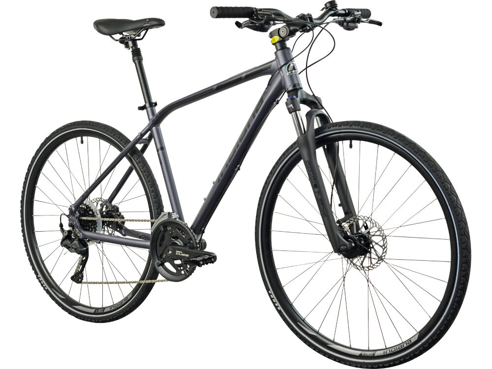 Rower crossowy INDIANA X-Cross 4.0 M19 męski Szary rower na białym tle widoczny od przodu po skosie uniwersalny pojazd jednośladowy do jazdy na drogach asfaltowych i gruntowych polnych dróżkach siodełko umieszczone niżej niż kierownica wygodna wyprostowana pozycja ciała łatwa kontrola kierownica i siodełko są regulowane można ustawić do jazdy w pozycji pochylonej