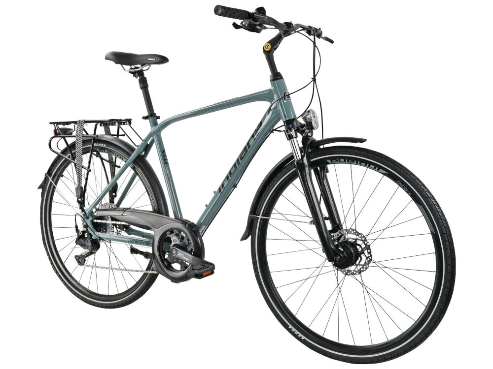 Rower trekkingowy INDIANA X-Road 4.0 M17 28 cali męski Ciemno-szary rower na białym tle widoczny pod skosem do jazdy w mieście poza miastem dla mężczyzn komfort jazdy po asfalcie po nieutwardzonych drogach trekkingowa geometria jazda w niemęczącej naturalnej wyprostowanej pozycji