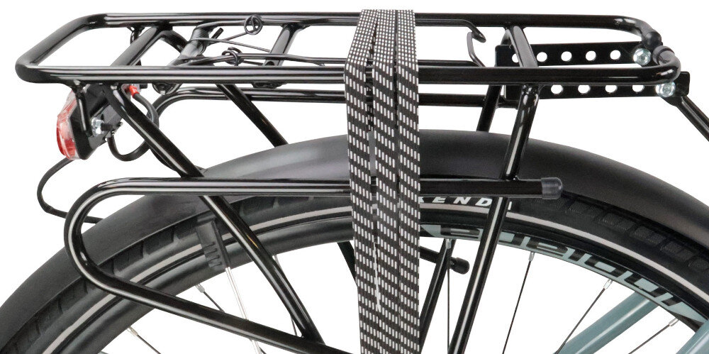 Rower trekkingowy INDIANA X-Road 4.0 M17 28 cali męski Ciemno-szary zbliżenie na bagażnik bagażnik specjalne linki bagażnik odpowiednio zabezpieczony przed upadkiem bezpieczny i wygodny przewożenie rzeczy składana stopka w centralnym punkcie ciężkości