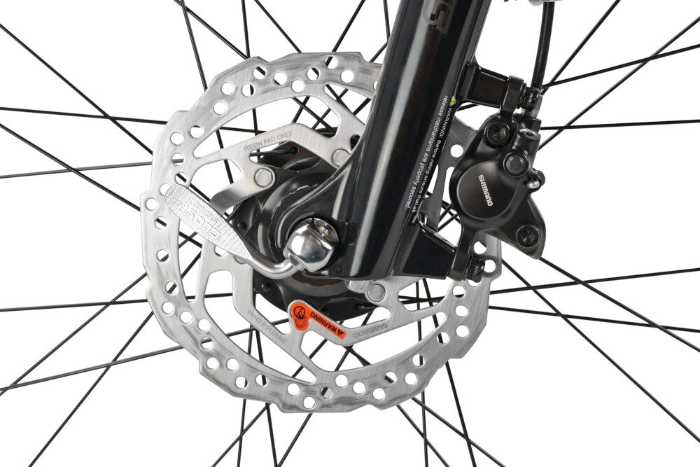 Rower trekkingowy INDIANA X-Road 4.0 M17 28 cali męski Ciemno-szary zbliżenie na hamulec podstawa bezpieczeństwa hamulce tarczowe hydrauliczne duża siła hamowania sprawdzają się w każdych warunkach pogodowych i na każdej trasie płyn hamulcowy hamulce z przodu z tyłu podwójny pakiet bezpieczeństwa