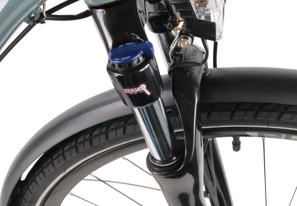 Rower trekkingowy INDIANA X-Road 4.0 M17 28 cali męski Ciemno-szary zbliżenie na amortyzator rower typu hardtail przedni amortyzator marki SUNTOUR typ NEX HLO 700C ułatwia najeżdżanie na przeszkody niweluje wstrząsy na kierownicy niska masa roweru duża sztywność regulacja za pomocą sprężyny manetka